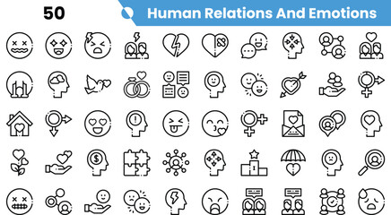 A collection of diverse linear icons depicting human relations and emotions, including happiness, love, friendship, and family.