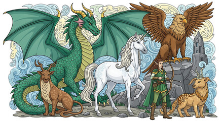 Fantasy creatures including a dragon griffin unicorn elf and horned deer standing together outdoors