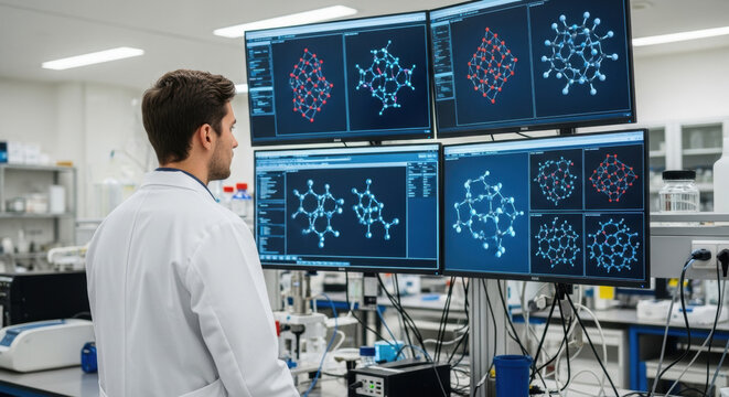 Scientist analyzing molecular structure on computer screens in laboratory research and development setting