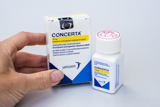 Tallinn, Estonia - June 22, 2025: Concerta tablets contain methylphenidate hydrochloride, a central nervous system stimulant for ADHD by Janssen, a pharmaceutical subsidiary of Johnson & Johnson.