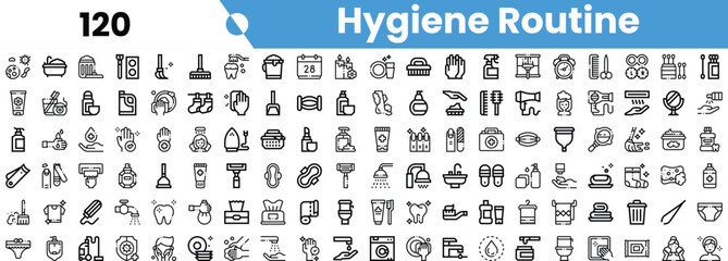 A collection of hygiene routine icons illustrating various personal care products and activities, enhancing daily wellness.