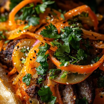 Close up of Vietnamese banh mi with pickled veggies, pt, and cilantro, paper wrap, chaos 35, 16:9. (
