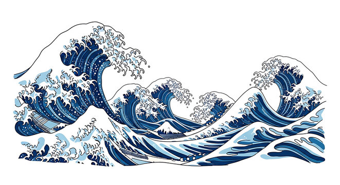 Illustration of great wave off kanagawa with mount fuji in the background and boats in the water