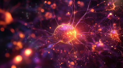 Fototapeta premium A vibrant depiction of neurons with glowing orbs and intricate neural pathways in a purple space
