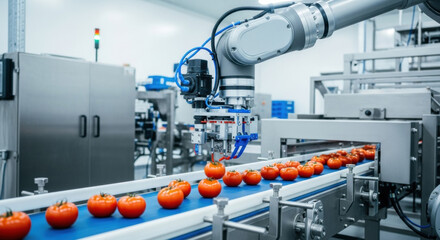 Tomato sorting robot automation in food processing factory line for agriculture industry tech