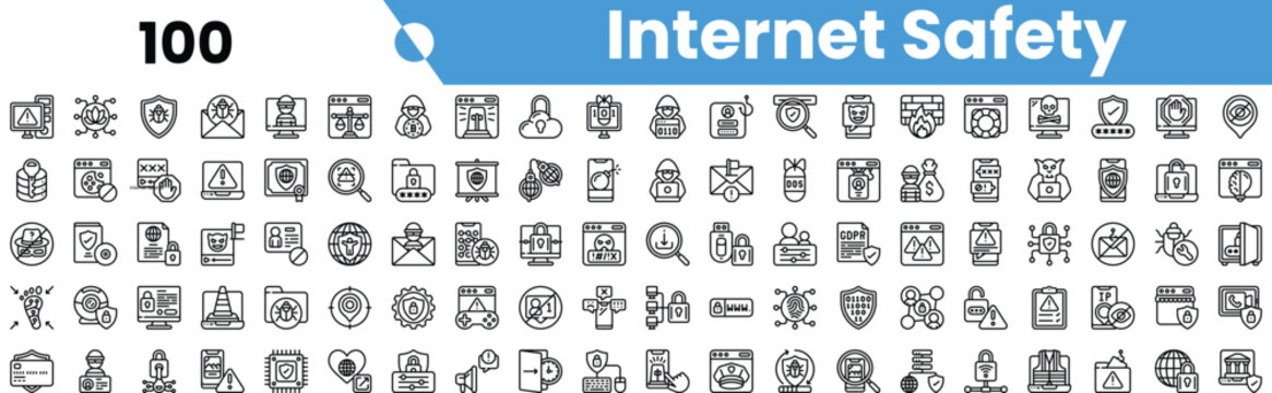 A diverse collection of black and white icons representing internet safety concepts.