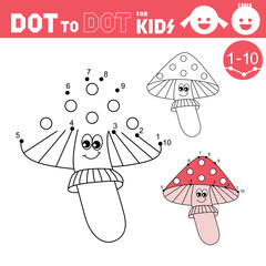 Mushroom. Dot to dot games for kids. Connect the numbers and drawing a mushroom. Coloring book. Puzzle activity worksheet. Sketch vector illustration.