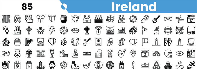 A collection of icons representing Ireland, featuring elements of culture, history, and tradition in a minimalist black and white design.