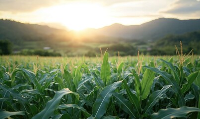 Fototapeta premium corn or maize field at agriculture farm in the morning sunrise 