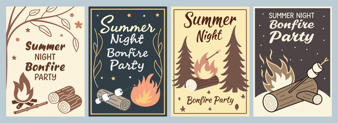 Cozy Summer Night Bonfire Party Illustrations Featuring Campfire and Marshmallows Stunning Poster Designs for Unforgettable Gatherings