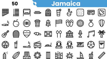 A vibrant collection of Jamaica-themed icons showcasing cultural symbols, food, and leisure activities.