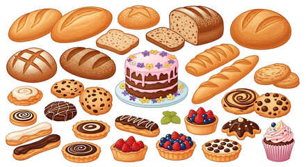 An illustration of assorted baked goods including breads cake cookies and pastries on a white background