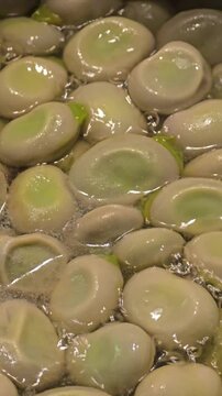 Fresh fava beans are boiling in a metal pot on a gas stovetop, ready for a meal. Video 4k