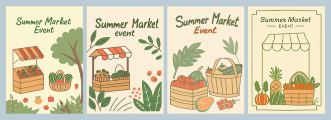 Vibrant Summer Market Illustrations of Fresh Produce in Colorful Poster Designs