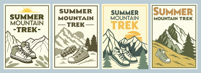 Vintage Mountain Trek Posters Showcasing Hiking Boots for an Unforgettable Summer Adventure