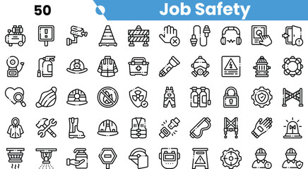 A collection of job safety icons, featuring tools, protective gear, and emergency symbols essential for workplace safety.