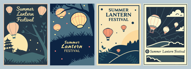 Summer Lantern Festival Stylish Illustrations Serene Landscapes and Lanterns Poster Designs