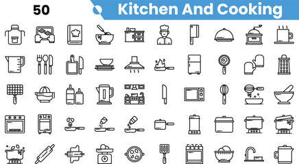 A collection of kitchen and cooking icons in a minimalist black and white style, featuring utensils, appliances, and food preparation tools.