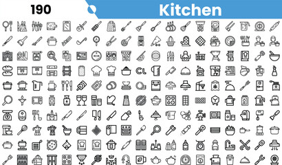 A diverse collection of kitchen icons including utensils, cookware, and appliances in a minimalist black and white design.