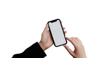 Hands holding smartphone with blank screen against transparent background ideal for app presentation or mockup design