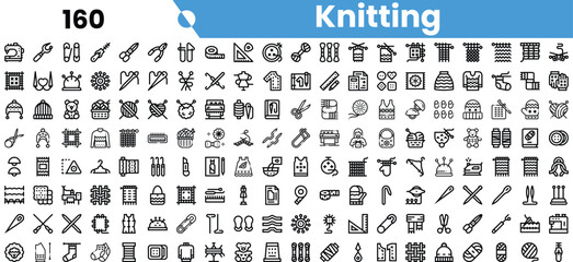 A diverse collection of black and white icons related to knitting, showcasing various tools and materials in a creative grid layout.