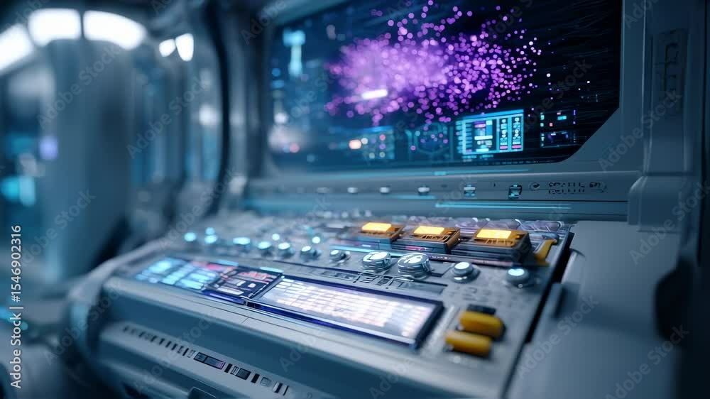 Poster complex control panel displaying data analysis on a monitor with glowing lights and buttons, suggest