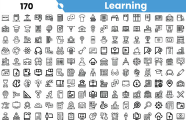 A diverse collection of illustrated black and white learning-themed icons, showcasing various educational symbols and tools.
