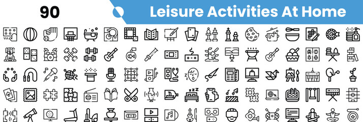 A collection of icons representing various leisure activities at home, including music, art, games, and cooking.