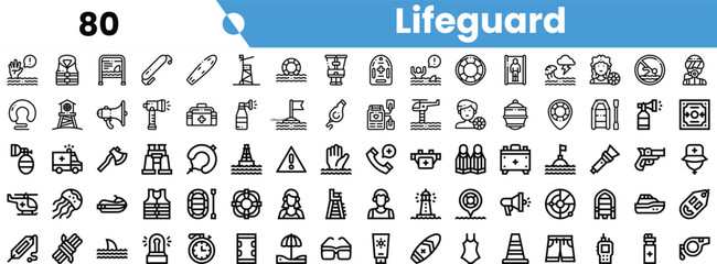Icon set representing lifeguard equipment and safety practices, featuring rescue devices, signaling tools, and beach elements.