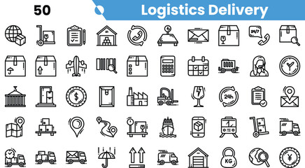 A collection of logistics delivery icons, showcasing various aspects of shipping and transportation in a monochrome design.