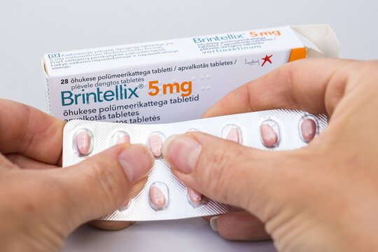 Tallinn, Estonia - June 22, 2025: Brintellix tablets contain vortioxetine, an antidepressant used to treat major depressive disorder (MDD). Produced by H. Lundbeck A/S.