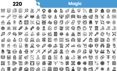A collection of diverse magic-themed icons in black and white, showcasing various mystical elements and symbols.