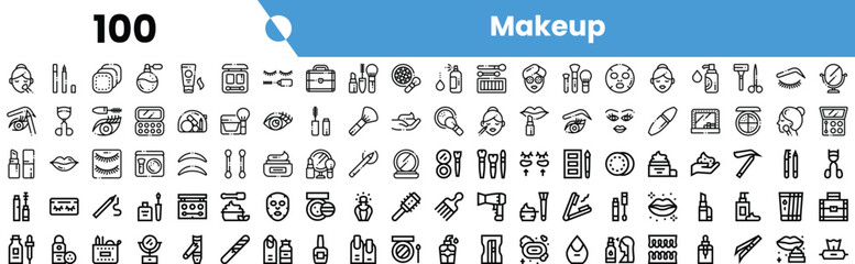 A diverse collection of makeup icons featuring various beauty tools and cosmetics in a stylish black and white design.