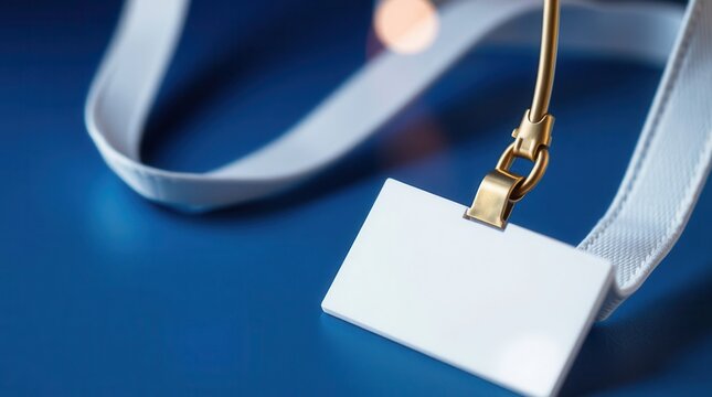 Identification badge laying on a blue surface. The lanyard is white and the clasp is gold colored. - Powered by Adobe