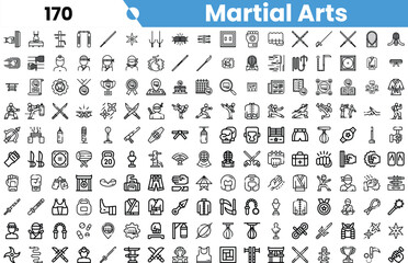 A diverse collection of martial arts icons, showcasing various techniques, equipment, and symbols related to this dynamic sport.