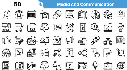 A diverse collection of media and communication icons representing technology and information transfer.