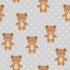 Cute kawaii teddy bears on a polka dot classical grey background, kids seamless pattern.