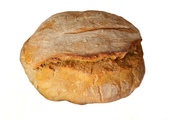 Portugal, Nazare. Homemade, traditional, freshly baked rustic wheat bread made in a wood-burning oven. Isolated on white background.