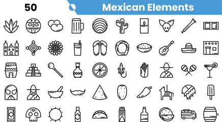 A vibrant collection of Mexican elements, showcasing symbols of culture and tradition in a minimalist design.