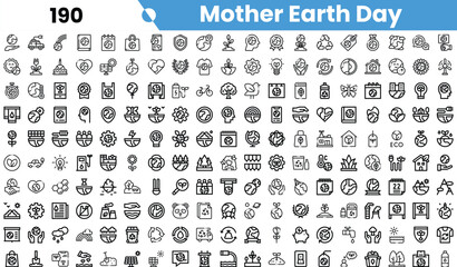 A collection of minimalist icons themed around Mother Earth Day, showcasing various eco-friendly symbols and nature elements.