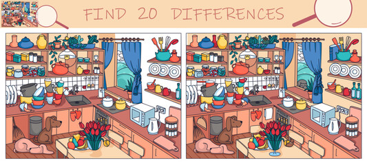 Find the differences game. Kitchen interior with furniture and home objects. Cozy family eating room. Sketch vector illustration.