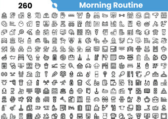 A diverse collection of black and white icons depicting various aspects of a morning routine, including activities and items commonly used.