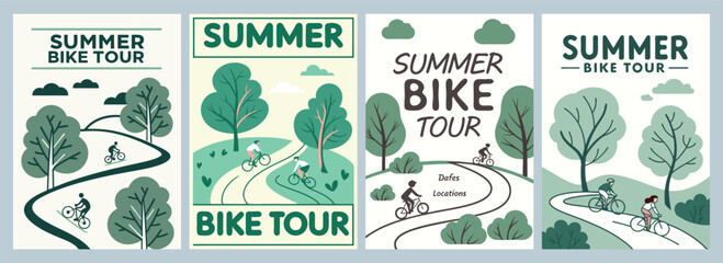 Stylish Summer Bike Tour Posters Showcasing Cyclists in Serene Green Landscapes Inspiring Adventure and Connection with Nature Through Impressive Design