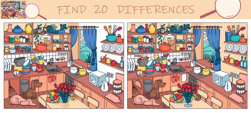 Find the differences game. Kitchen interior with furniture and home objects. Cozy family eating room. Sketch vector illustration.