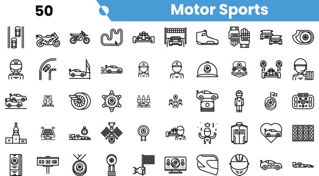 A diverse collection of motor sports icons, showcasing cars, helmets, racing tracks, and awards in a minimalist black and white style.