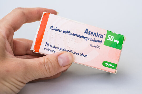 Tallinn, Estonia - June 22, 2025: Asentra tablets contain sertraline, a selective serotonin reuptake inhibitor (SSRI) for depression, anxiety.. Manufactured by KRKA.