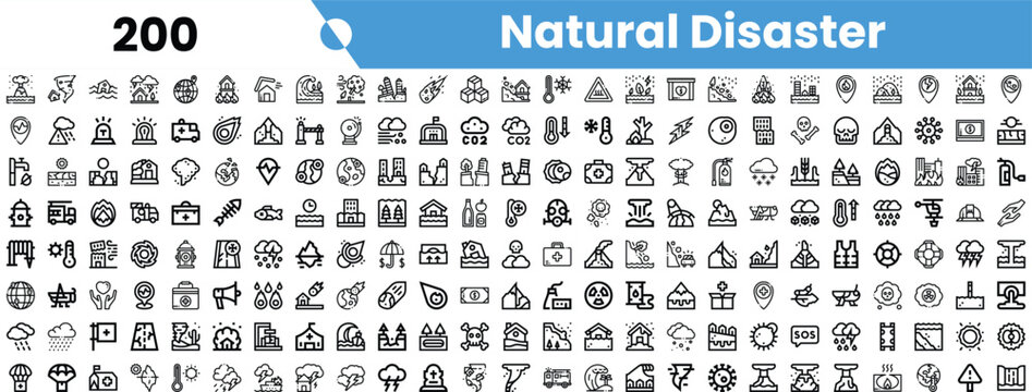 A diverse collection of icons representing various natural disasters, depicted in a minimalist black and white design.
