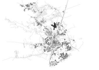 Georgetown black and white map showcasing highways and buildings. Clean vector design, focused on road networks and city structures for monochrome visualization or print.