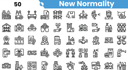 A diverse collection of line icons representing the concept of 'New Normality', featuring themes of technology, health, and community.