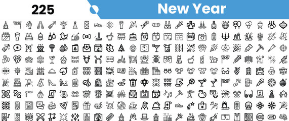A collection of diverse icons celebrating the New Year, featuring party elements, decorations, and festive symbols.